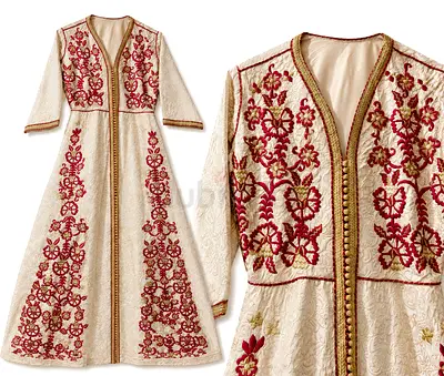Hand-embroidered traditional long cream dress/kaftan with red floral detailing