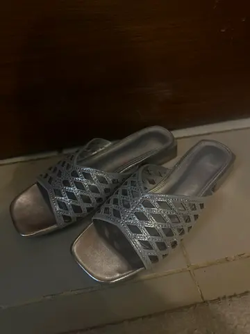 Silver Rhinestone Lattice Slide Heels – Elegant Open-Toe Mule Sandals