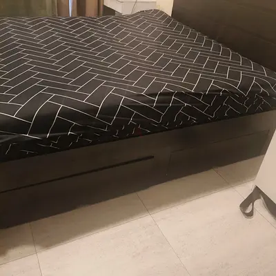 Dark wood king size double bed frame with under-bed drawers