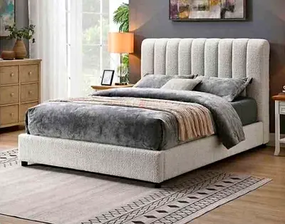 Upholstered King Size Bed with Padded Headboard - Light Grey Cat Fabrics