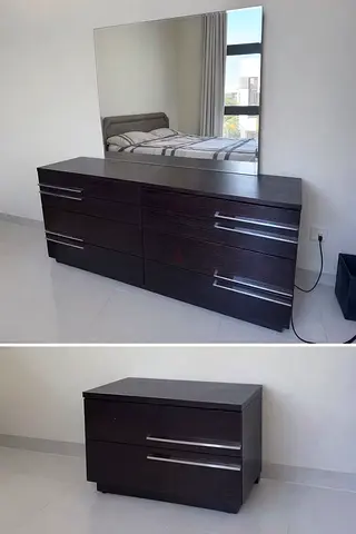 Dark Wood 6-Drawer Dresser with Mirror + Matching Nightstand