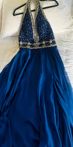 Navy blue halter evening gown with beaded bodice, size likely S-M