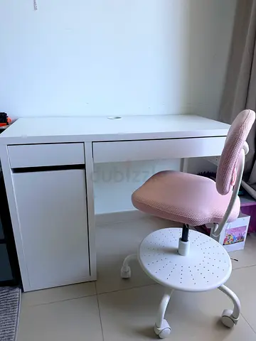 White Desk with Storage Cabinet and Pink Office Chair - Good Condition