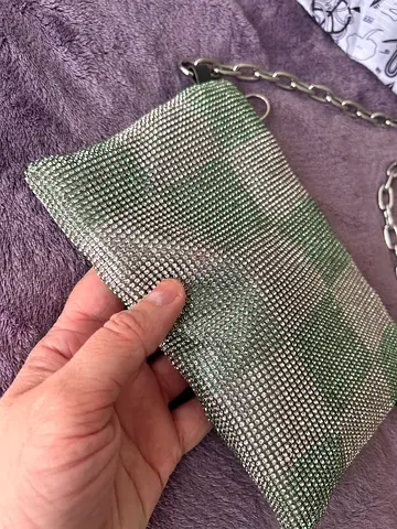 KARA Silver chain crossbody crystal embedded pouch — small zip bag, lightly used