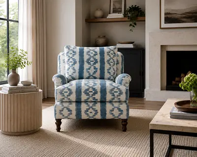 Pottery Barn Carlisle English Patterned Blue and White Armchair
