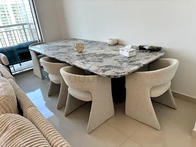 Marble Top Dining Table with 5 Modern Bouclé Chairs - Excellent Condition