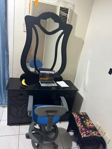 Black Dressing Table with Mirror and Matching Stool - Good Condition with an adjustable office chair
