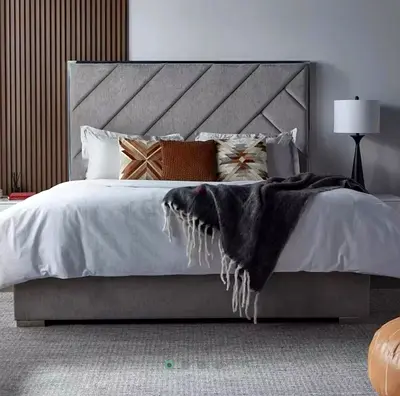 Modern Upholstered Bed Frame with Tall Geometric Pattern Headboard