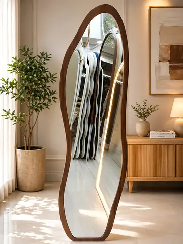 Freestanding Full-Length Curved Wooden Frame Mirror