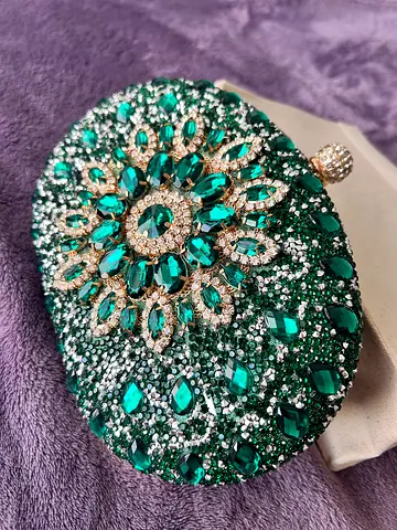 Green beaded evening clutch bag with gold chain