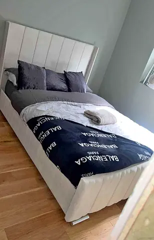 Upholstered Double Bed with Headboard - Light Beige