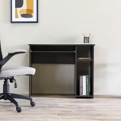 Compact Dark Wood Computer Desk with Shelves