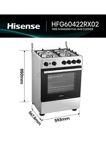 Hisense HFG60422RX02 Freestanding 4-Burner Gas Cooker with Oven