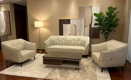 Beige PU Leather Office Sofa Set (3+1+1) – Modern Reception Sofa Set with Armchairs