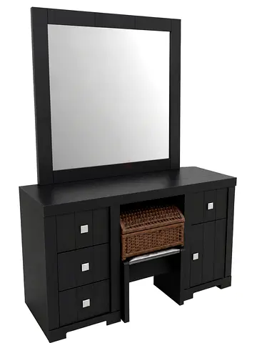 Dark Wood Dresser with Large Mirror and Wicker Basket