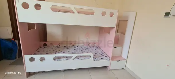 Wooden Pink  White Bunk Bed with Built-in Stairs and Storage - Good Condition