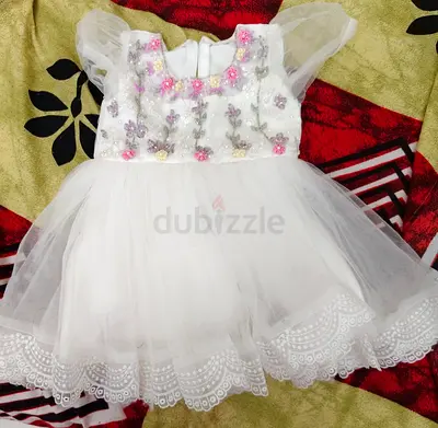 White Floral Hand Embroidered Baby Girl Tulle Dress - Size 6-9 Months