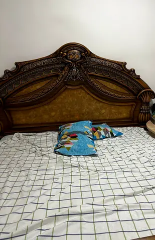 Ornate Wooden Double Bed Headboard with Carved Details