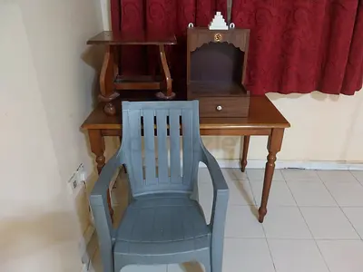 Wooden Console Table with Small Shelves and Plastic Armchair - Used