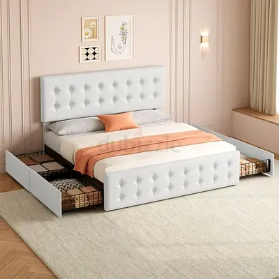 Button tufted head  foot board 4 drawers leather fabric double bed