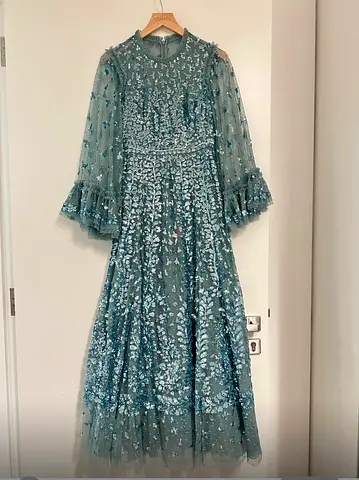 needle and thread - Green Sequin Midi Dress with Sheer Fluted Sleeves