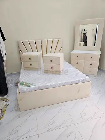 Beige Upholstered Bed Frame with Headboard, 2 Nightstands and Dresser with Mirror - Good Condition