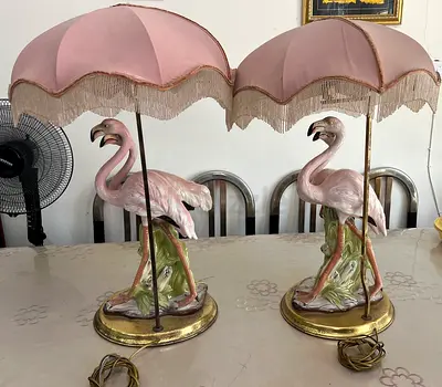Pair of vintage pink flamingo table lamps with fringed shades pink umbrella style
