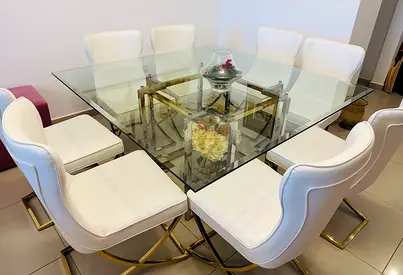 Glass Top Dining Table with 8 White Upholstered Chairs (Gold Frame)