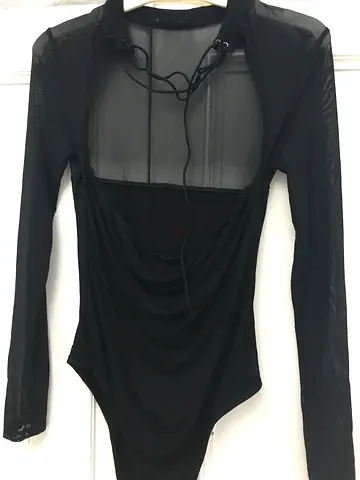 Black Sheer Long-Sleeve Bodysuit with Tie Back