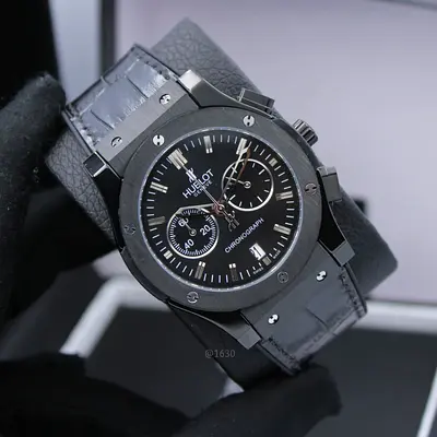 Black Hublot-style Chronograph Mens Watch with Leather Strap