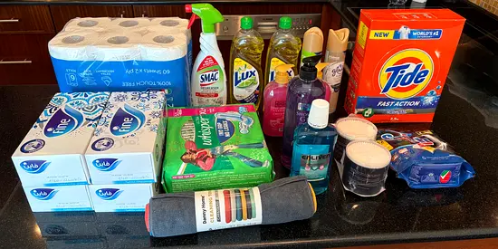 Household cleaning  toiletries bundle - toilet paper, detergents, soaps, kitchen supplies