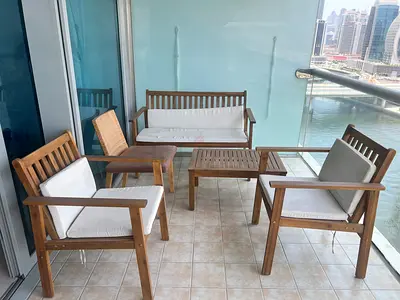 Wooden Outdoor Patio Seating Set with Cushions - 4 Chairs, Bench and Table