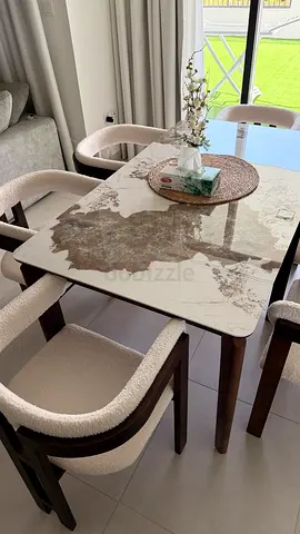 Marble-effect Dining Table with 6 Upholstered Chairs - Excellent Condition