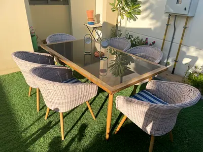 Outdoor Rattan Dining Set - Glass Top Table with 6 Wicker Chairs