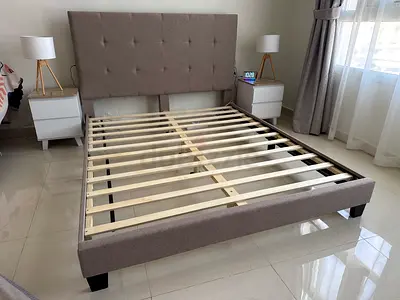 Queen fabric bed frame with headboard - grey, sturdy slatted base