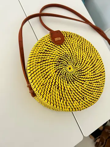 Handmade Round Woven Straw Crossbody Bag with Leather Strap
