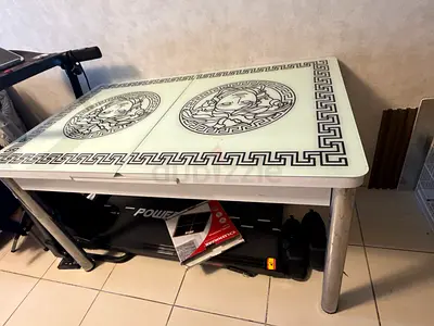 White Glass Dining Table with Medusa Design (Good Condition)