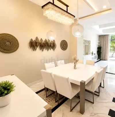 Modern white dining table with 6 chairs - stainless steel legs