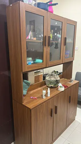 Wooden Display Cabinet with Drawers and Glass Doors - Good Condition