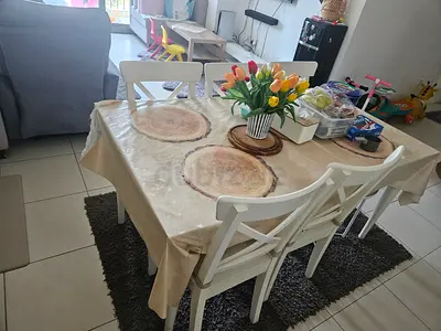 Extendable White Wooden 6 Seater Dining Table with Chairs and cushions