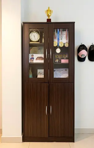 Tall Dark Wood Display Cabinet with Glass Doors — Good Condition