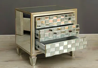 2 Mirrored 3-Drawer Bedside Nightstand - Silver Mosaic Design