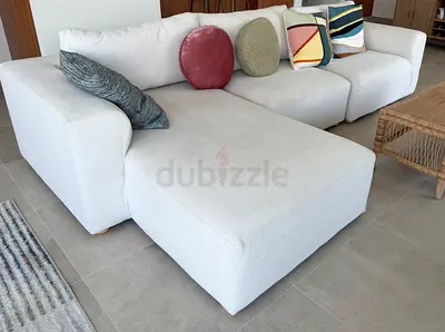 Light Beige L-Shaped Fabric Sofa with Chaise Lounge
