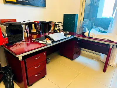L-shaped Wooden Office Desk with Drawers - Dark Cherry Finish