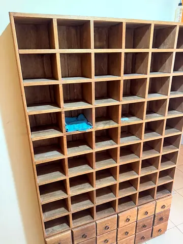 Large Wooden Compartment Shelf with Drawers — Vintage Storage Organizer
