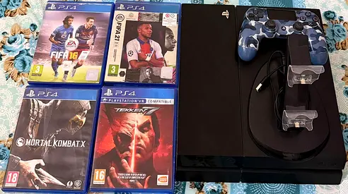 PlayStation 4 Slim + Controller + 4 PS4 Games (FIFA16, FIFA21, Mortal Kombat X, Tekken 7)