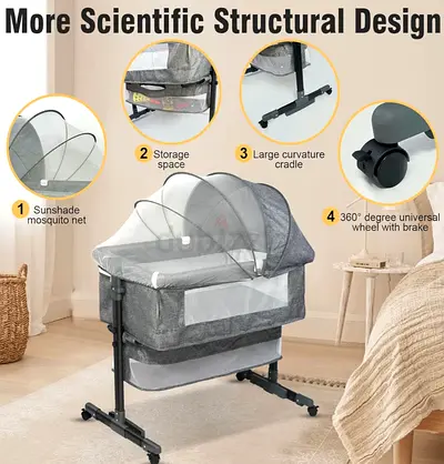 Portable Bassinet/Cradle with Mosquito Net and Storage - Grey