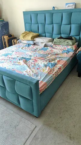 Modern Upholstered Teal Bed Frame with Tufted Headboard