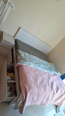Queen size bed frame with mattress and 2 bedside drawers with night shades, and 1 dressing table.