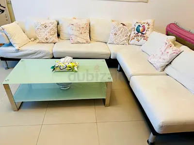 1, Large L-shaped White Fabric Sofa, 2, Dark brown fodable Sofa Bed, 3, Fodable sofa with 2 Ottomans